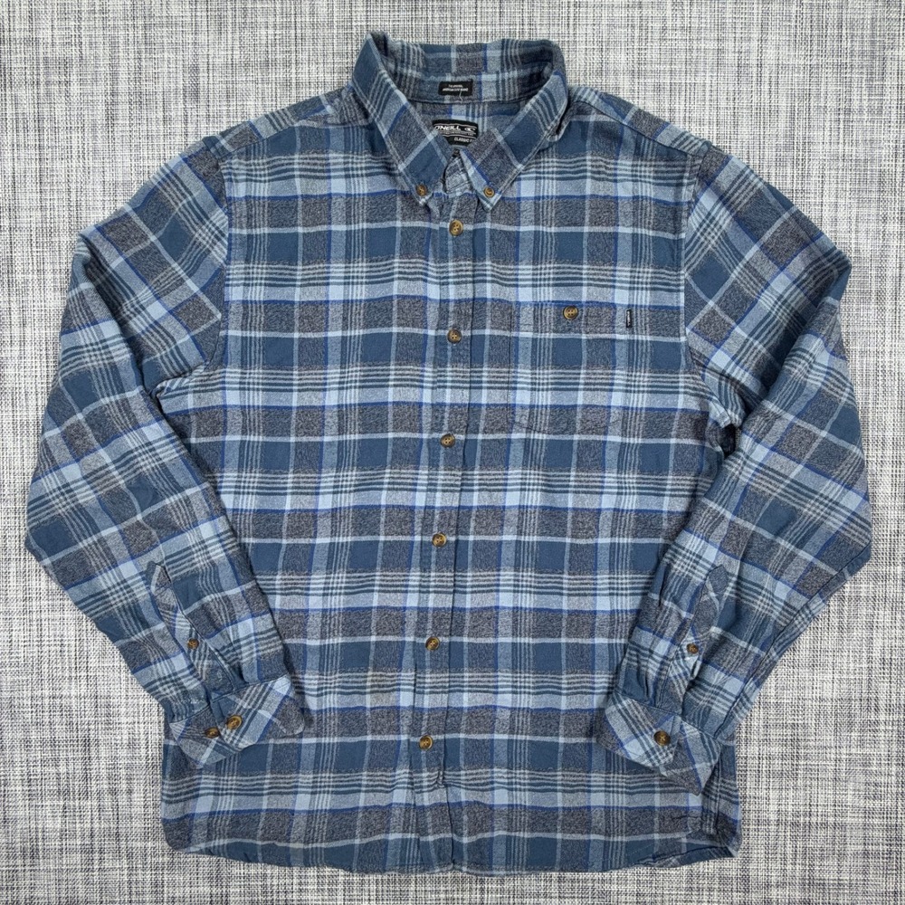 O'Neill Mens XL Classic Fit Blue Gray Plaid Flannel Cotton Button Down Shirt